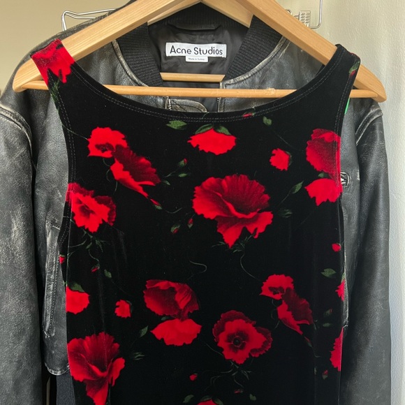 Women’s 90s velvet velour floral black red dress size M - Picture 5 of 7